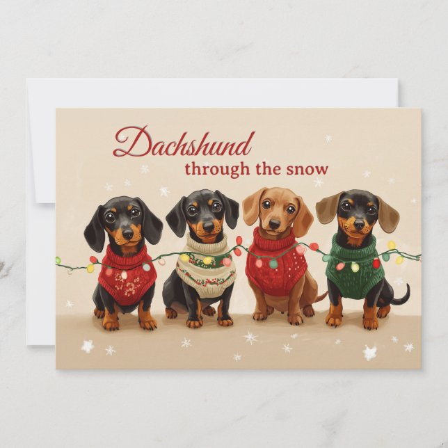 Cartão De Festividades Cães Dachshund Antigos Feliz Natal (Frente)