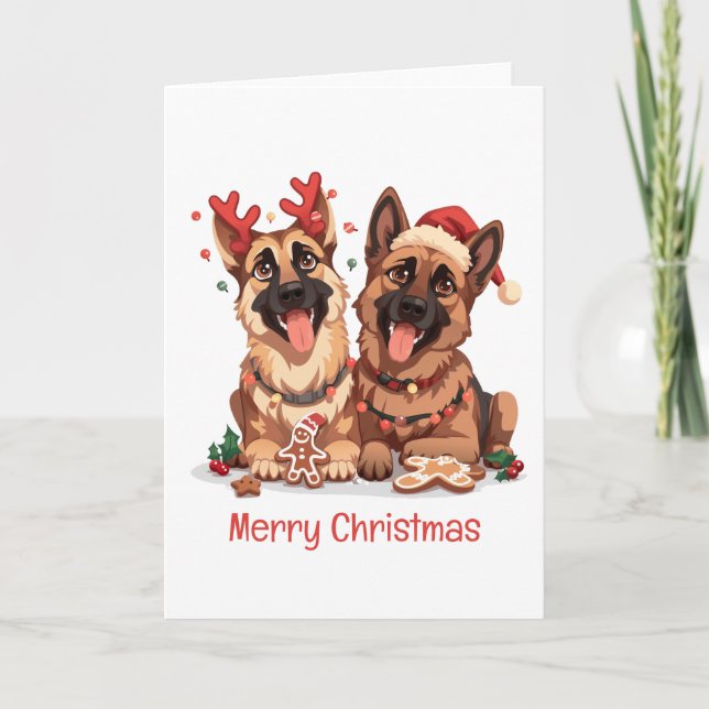 Cartão De Festividades Cães de German shepherd Feliz de Natal (Frente)