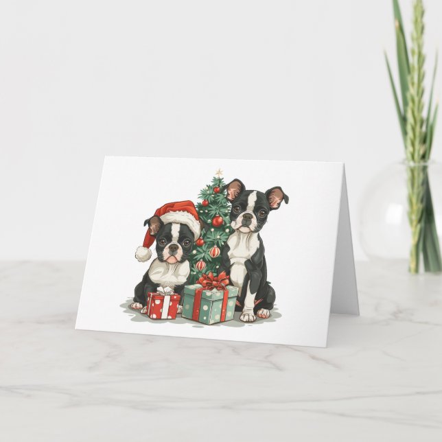 Cartão De Festividades Cães de Natal em Boston Terrier (Frente)