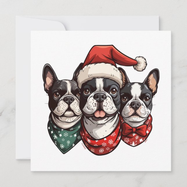 Cartão De Festividades Cães de Natal em Boston Terrier (Frente)