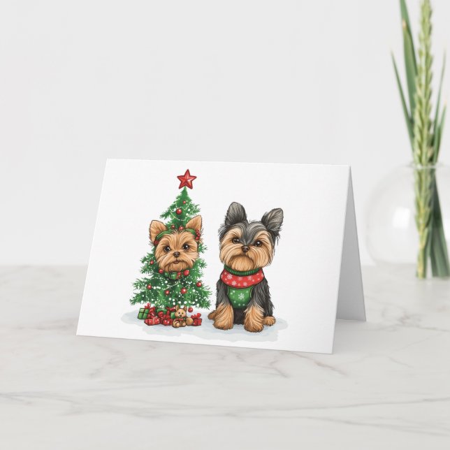 Cartão De Festividades Cães Yorkie de Natal (Frente)
