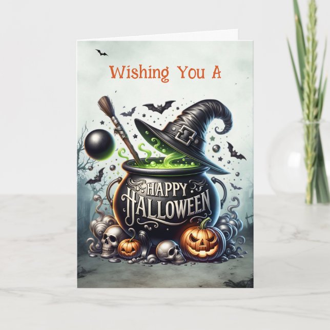 Cartão De Festividades Caldeirão de Bruxas Feliz Halloween (Frente)