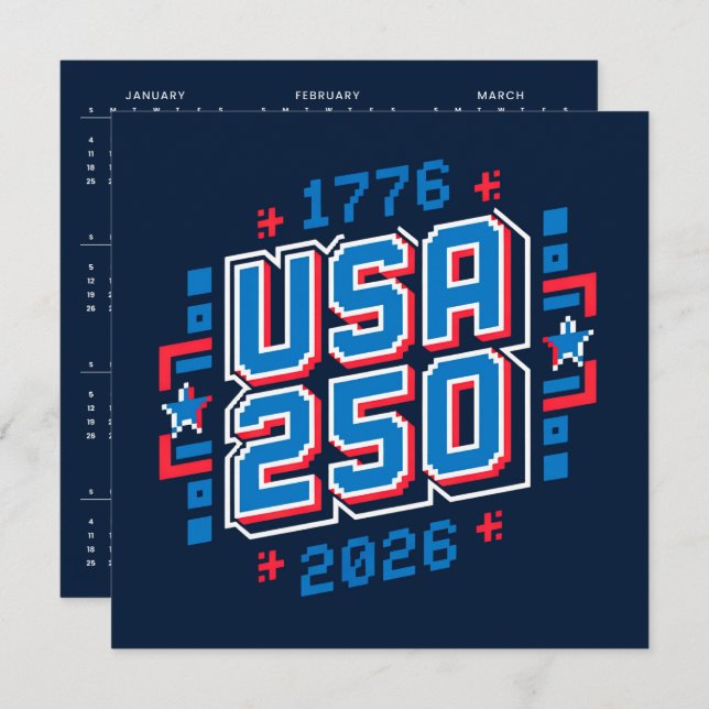 Cartão De Festividades Calendar USA 250 – 1776 to 2026 Pixel Art (Frente/Verso)