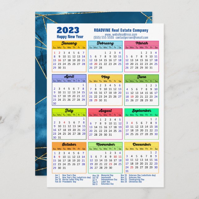 Cartão De Festividades Calendário 2023 Azul Geométrico Moderno (Frente/Verso)