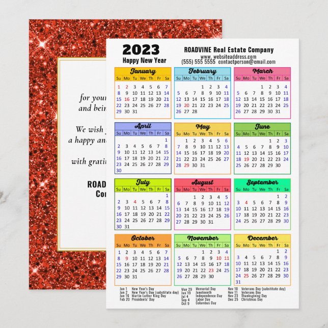 Cartão De Festividades Calendário 2023 Red Glitter Modern Business (Frente/Verso)