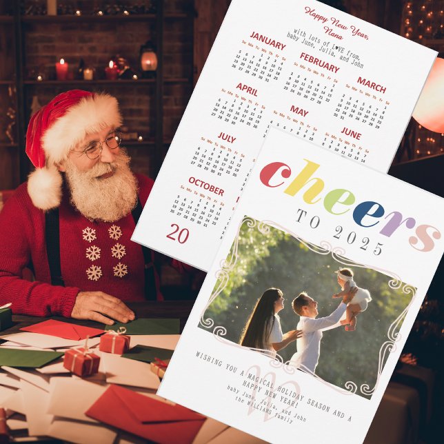 Cartão De Festividades Calendário 2025 Moderno Feriado Ano Novo Foto (2025 Calendar Modern Holiday New Year Photo Holiday Card Elegant Family Monogram)