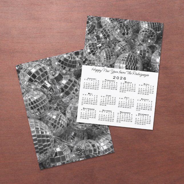 Cartão De Festividades Calendário 2026 Calendário do Novo Ano da Queda de (Disco Ball Ornaments Photo 2026 Calendar New Year Holiday Card, front/back)