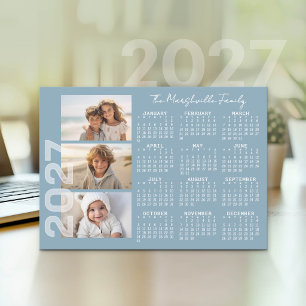 Cartão De Festividades Calendário 2027 3 Fotos Azul Básico Minimalista