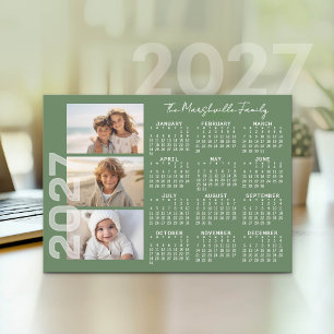 Cartão De Festividades Calendário 2027 3 Fotos Verde Básico Minimalista