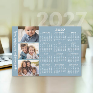 Cartão De Festividades Calendário 2027 com 3 Colagem de Fotos - azul