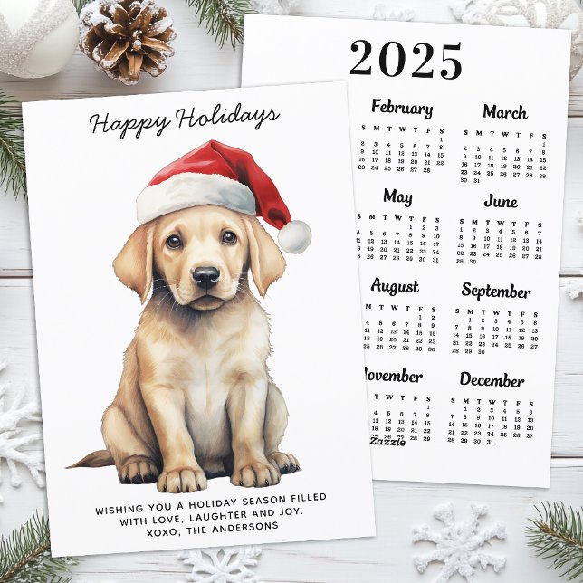 Cartão De Festividades Calendário Amarelo Labrador 2025 Cachorro no Natal (Criador carregado)