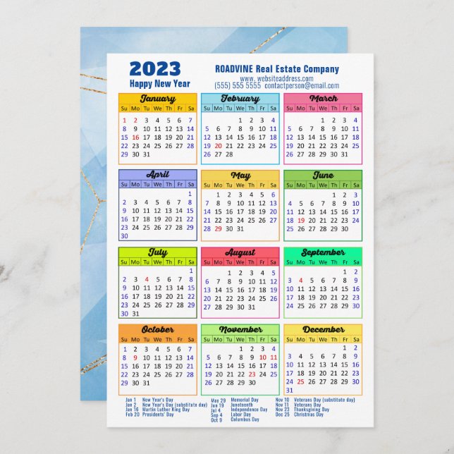 Cartão De Festividades Calendário anual moderno da empresa Azul Dourado 2 (Frente/Verso)