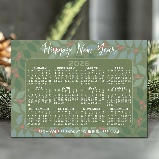 Cartão De Festividades Calendário Botânico Moderno - Verde Feliz ano novo (2026 Calendar - Business Holiday Card)