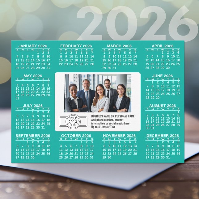 Cartão De Festividades Calendário com logotipo Informações de contato (2026 Calendar card for Office Holiday)
