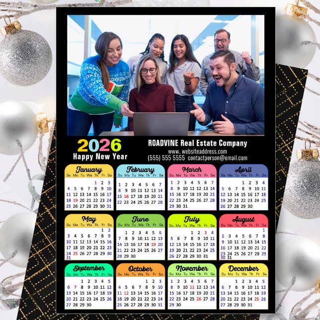 Cartão De Festividades Calendário Comercial 2026 Dourado Preto Moderno Co (Criador carregado)