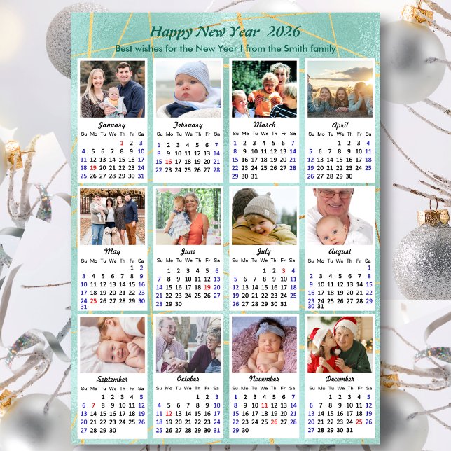 Cartão De Festividades Calendário de Fotografias da Família Moderna Verde (Criador carregado)