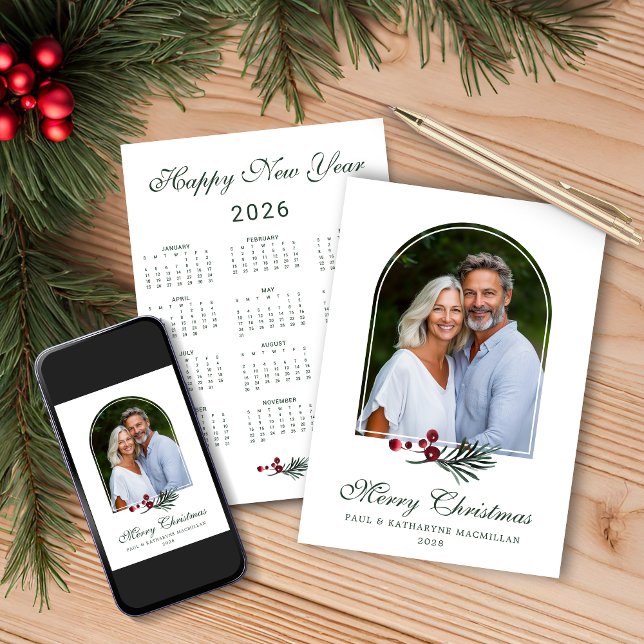 Cartão De Festividades Calendário de Fotografias do Elegant Pine Arch Chr (Elegant Pine Arch Christmas 2026 Photo Calendar Holiday Card with Instant Download)