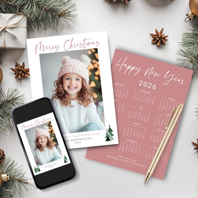 Cartão De Festividades Calendário de Fotos da Árvore de Natal Verde Rosa- (2026 Cute Pink Green Christmas Tree Photo Calendar Holiday Cards)
