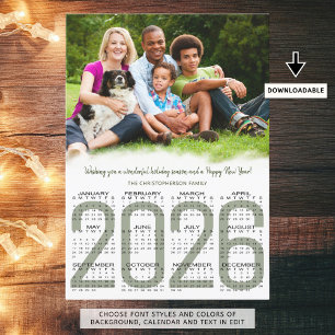 Cartão De Festividades Calendário de Fotos de Natal 2026 Ano Novo Verde