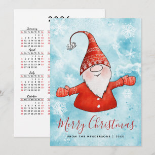 Cartão De Festividades Calendário de Natal 2026 Azul Vermelho Gnome
