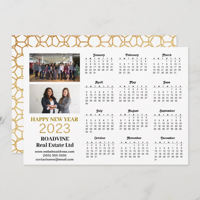 Cartão De Festividades Calendário de Script Dourado Moderno da Foto Comer (Frente/Verso)