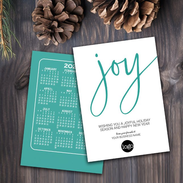 Cartão De Festividades Calendário e logotipo - JOY - Aqua White - Negócio (Holiday Card for Your Business - Add a Logo with a Calendar on the back)