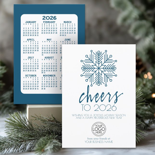 Cartão De Festividades Calendário - Feliz ano novo Blue Snowflake Busines (2026 Calendar on a Business Holiday Card)