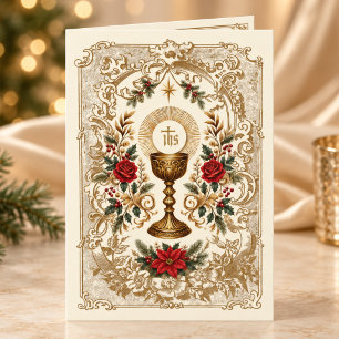 Cartão De Festividades Cálice Floral de Natal em Ouro da Eucaristia Catól