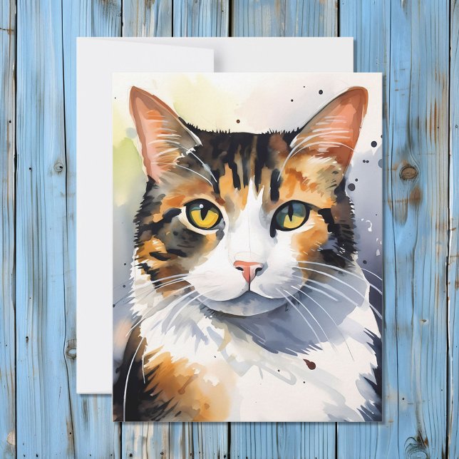 Cartão De Festividades Calico Cat Portrait de Aquarela (Criador carregado)