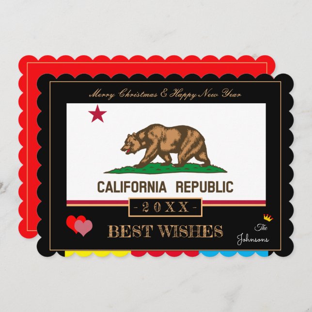 Cartão De Festividades California Flag & Feliz ano novo /Best Wish EUA (Frente/Verso)