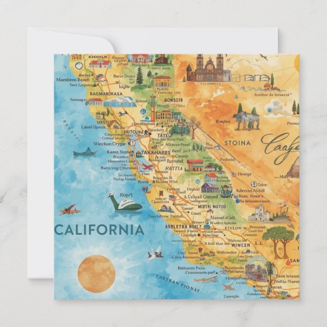Cartão De Festividades California Illustrated Watercolor Map Art (Frente)
