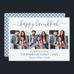 Cartão De Festividades Caligrafia 3 Foto Dusty Blue Gingham Hanukkah<br><div class="desc">Modern Trendy Calliographic 3 Photo Family Collage Happy Hanukkah Card - Dusty Blue e White Xadrez Gingham Back</div>