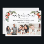 Cartão De Festividades Caligrafia 3 Foto Watercolor Winter Floral<br><div class="desc">Script de caligrafia moderna. O Elegante Winter Floral 3 Photo Merry Christmas Card inclui belas poinsettias vermelhas com aquarela,  verde botânico,  folhagem de inverno,  bagas ocas,  rosas brancas,  algodão,  pínus e bagas azuis.</div>