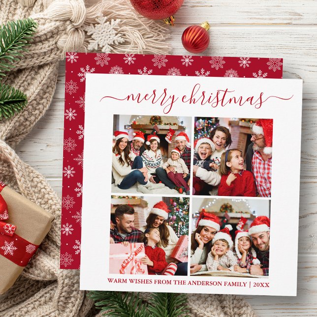 Cartão De Festividades Caligrafia 4 Foto Flocos de Neve Vermelho Quadrado (Customize to change text size or text style.)