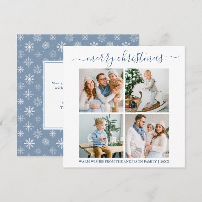 Cartão De Festividades Caligrafia 4 Fotografias Flocos de Neve Dusty Blue (Frente/Verso)