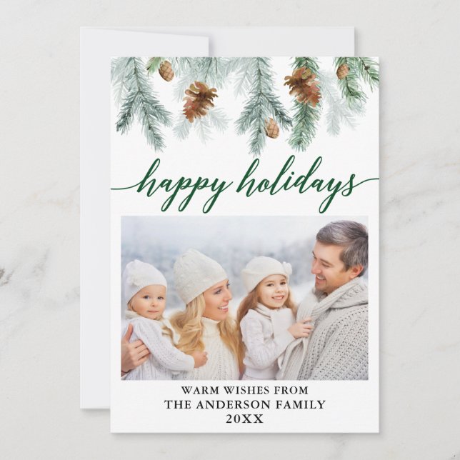 Cartão De Festividades Caligrafia Aquarela Pine Cones Foto Verde (Frente)