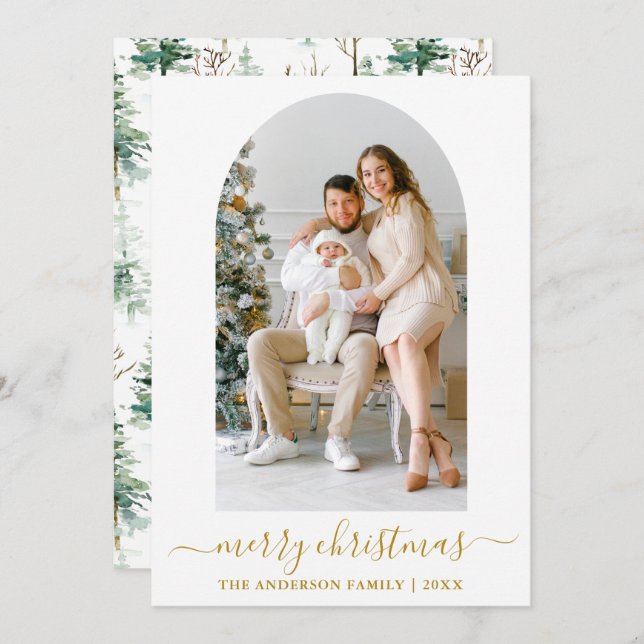 Cartão De Festividades Caligrafia Aquarela Pines Fotografia Dourada (Frente/Verso)