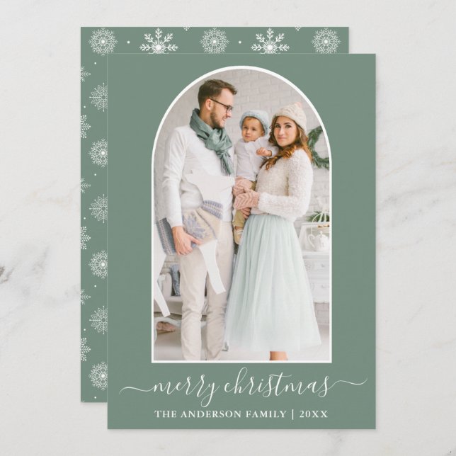 Cartão De Festividades Caligrafia Arca Fotográfica Snowflakes Sage Green (Frente/Verso)