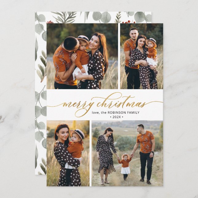 Cartão De Festividades Caligrafia Botânica 4 Várias Fotografias Natal (Frente/Verso)