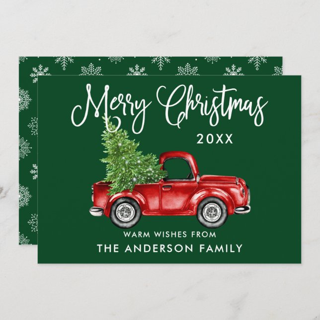 Cartão De Festividades Caligrafia Caminhão de Natal Flocos de Neve Verde (Frente/Verso)
