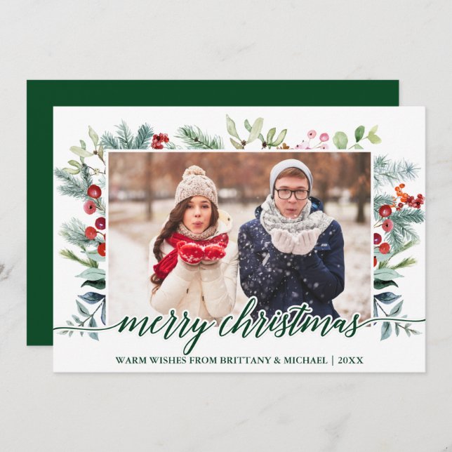Cartão De Festividades Caligrafia Casal Verde Greenery Foto do Natal (Frente/Verso)