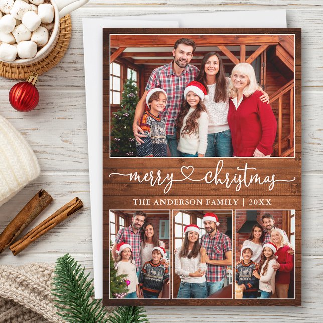 Cartão De Festividades Caligrafia Coração 4 Foto Madeira Feliz Natal (Customize to add text to back of card.)