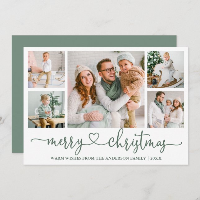 Cartão De Festividades Caligrafia Coração 5 Foto de Natal Verde (Frente/Verso)