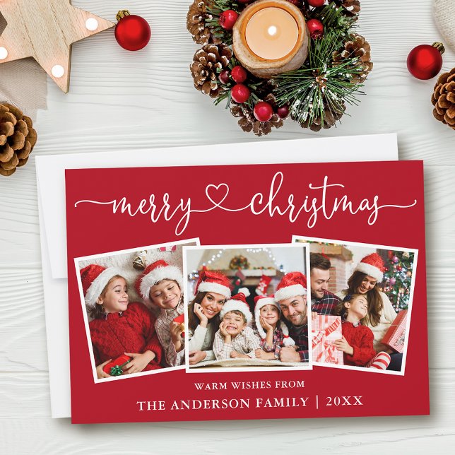 Cartão De Festividades Caligrafia Coração Feliz Natal Vermelho 3 Foto (Customize to add text to back of card or to change background color of card.)