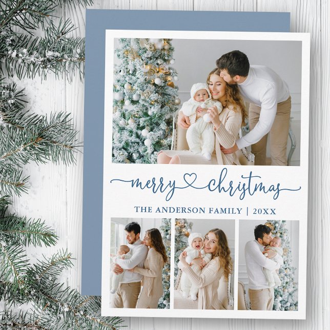 Cartão De Festividades Caligrafia Coração Natal 4 Foto Dusty Blue (Customize to add text to back of card.)