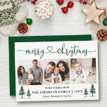 Cartão De Festividades Caligrafia Coração Pinheiros de Natal 3 Foto Verde<br><div class="desc">Placa de Férias Fotográficas Feliz Natal 3,  com Script de Coração de Caligrafia Moderna,  inclui Árvores de Pinheiros de Aquarela - Script Verde</div>