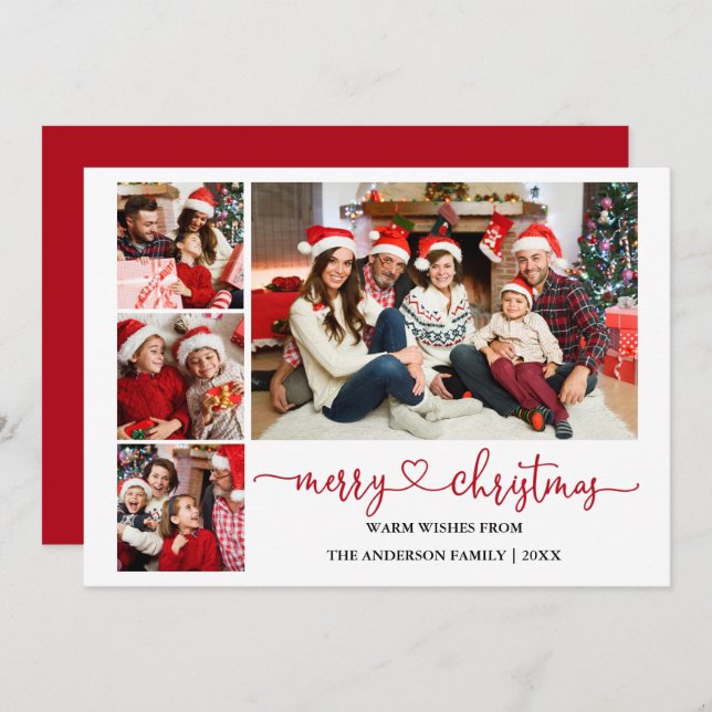 Cartão De Festividades Caligrafia Coração Vermelho Natal 4 Fotos (Frente/Verso)