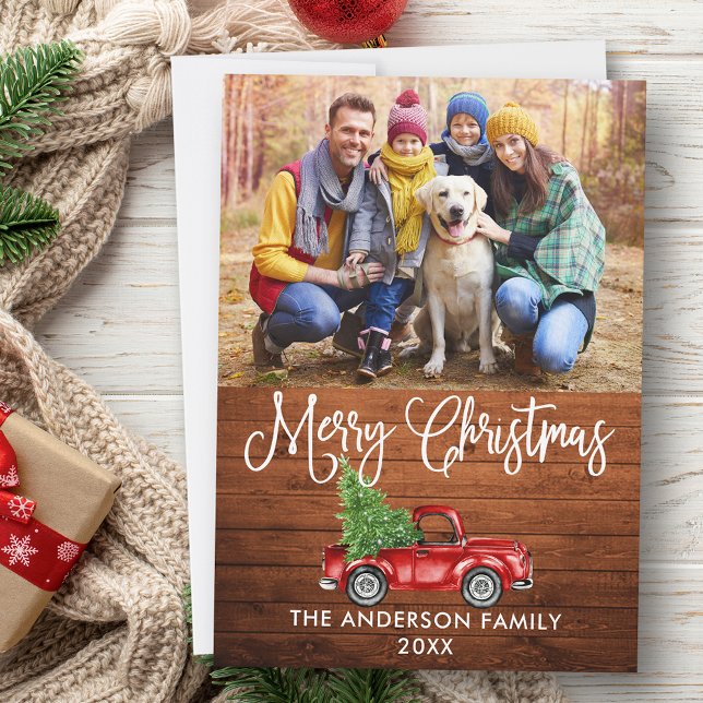 Cartão De Festividades Caligrafia de Natal Foto de Caminhão Vermelho de M (Customize to add text to back of card.)