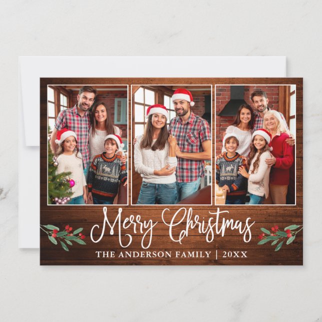 Cartão De Festividades Caligrafia de Natal Holly Rustic Foto de Madeira (Frente)