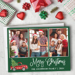 Cartão De Festividades Caligrafia divertida 3 Foto do Caminhão Vermelho V<br><div class="desc">Cláusula de Caligrafia Moderna Script 3 Fotografia Família Colagem Feliz Cartão de Natal - Watercolor Vintage Red Truck com Árvore de Natal - Fundo Verde Florestal</div>